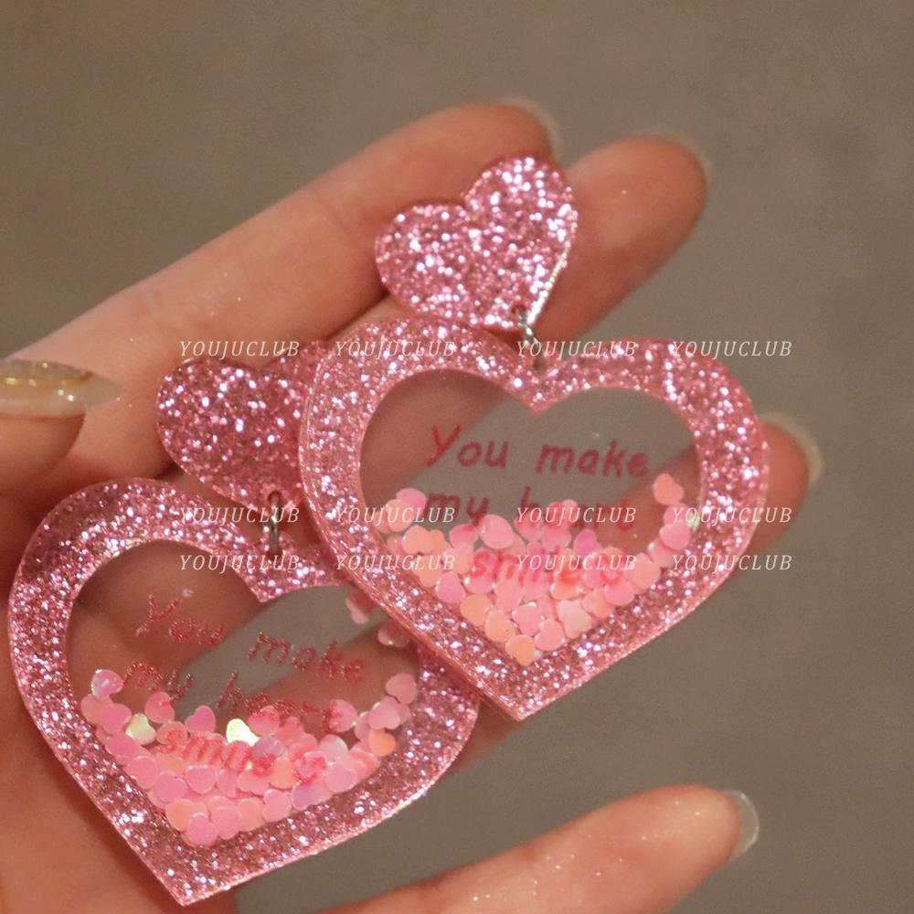 Wholesale Valentine's Day love earrings acrylic three-dimensional sequins quicksand peach heart earrings sweet personality fashion retro